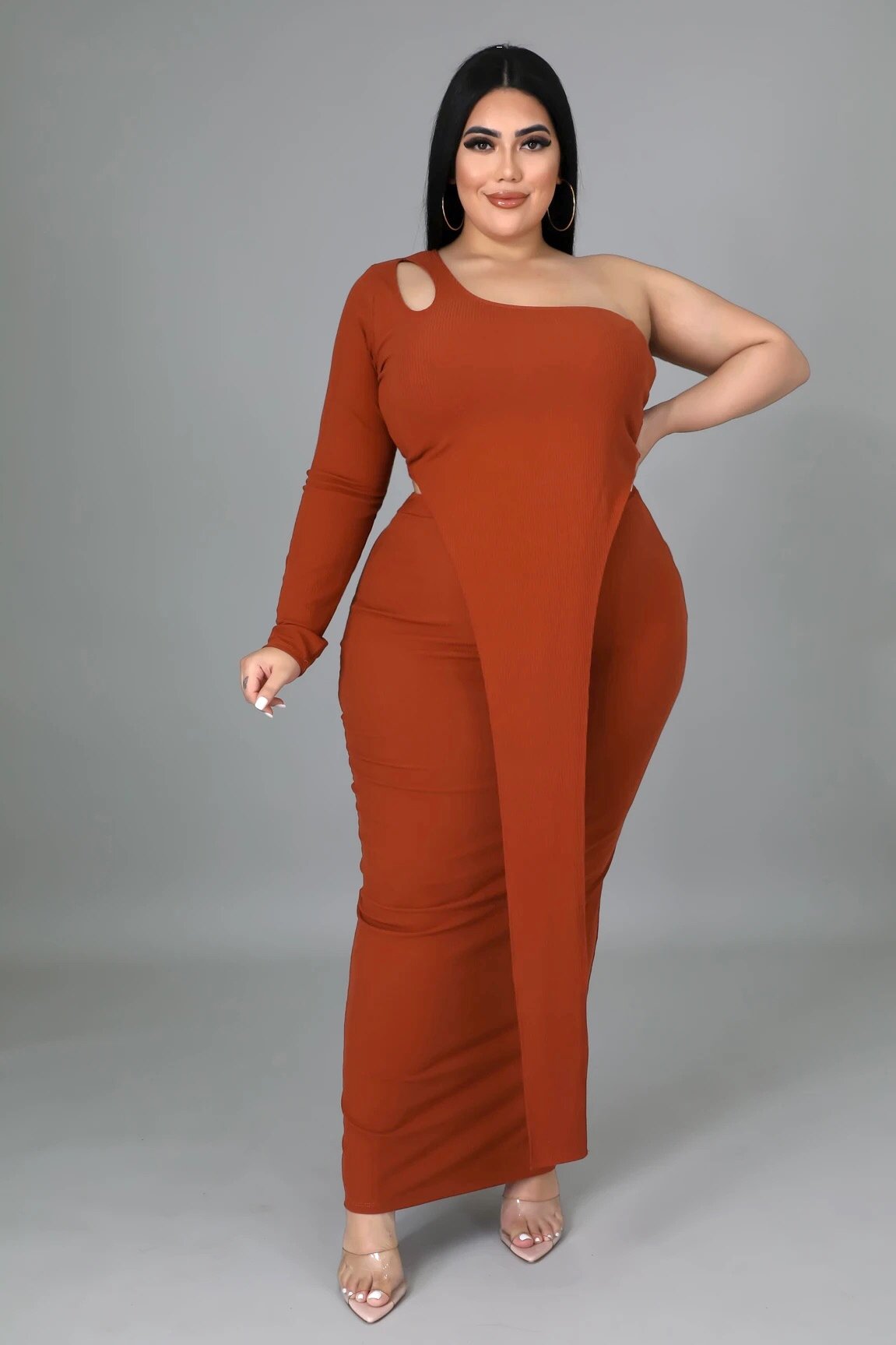 One Sided One Shoulder Skirt Set Rust (Curvy) - Ali’s Couture 