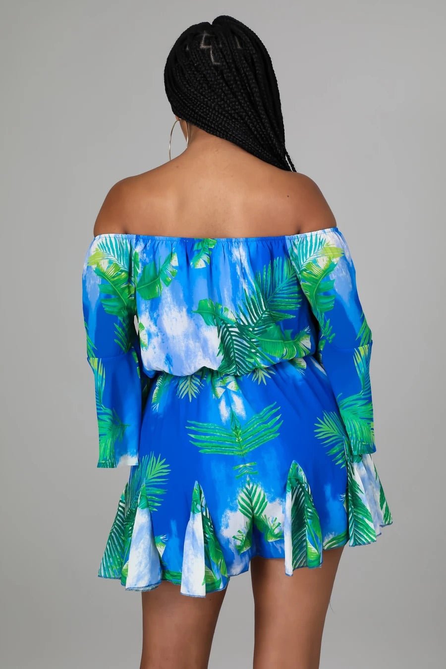 Palma Mar Off The Shoulder Tropical Romper Multicolor Blue - Ali’s Couture 