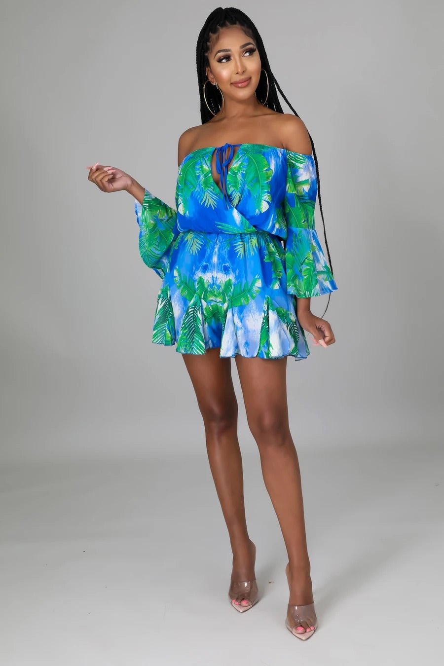 Palma Mar Off The Shoulder Tropical Romper Multicolor Blue - Ali’s Couture 