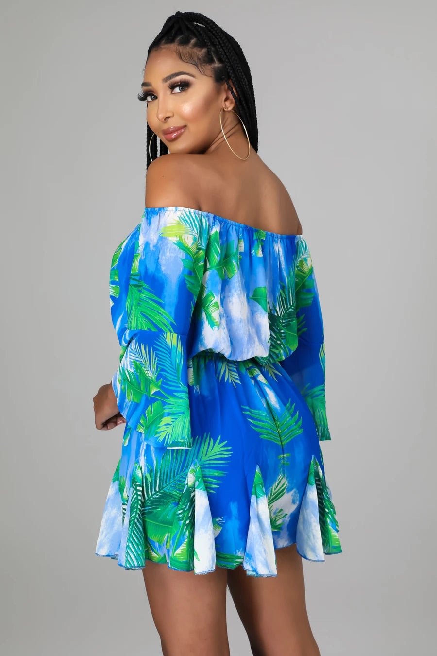 Palma Mar Off The Shoulder Tropical Romper Multicolor Blue - Ali’s Couture 