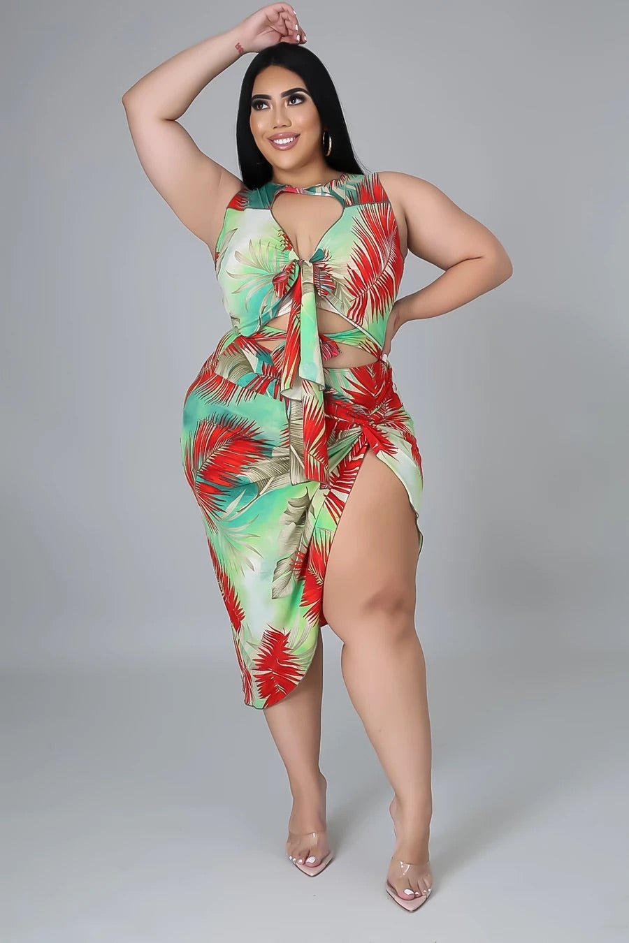 Palms On Fire Tropical Swimsuit Set Multicolor Red (Curvy) - Ali’s Couture 