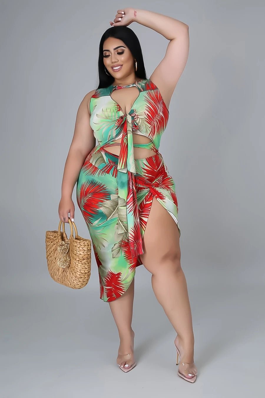 Palms On Fire Tropical Swimsuit Set Multicolor Red (Curvy) - Ali’s Couture 
