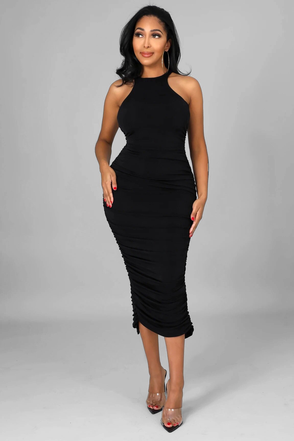 Porsha Ruched Midi Dress Black - FINAL SALE - Ali’s Couture 