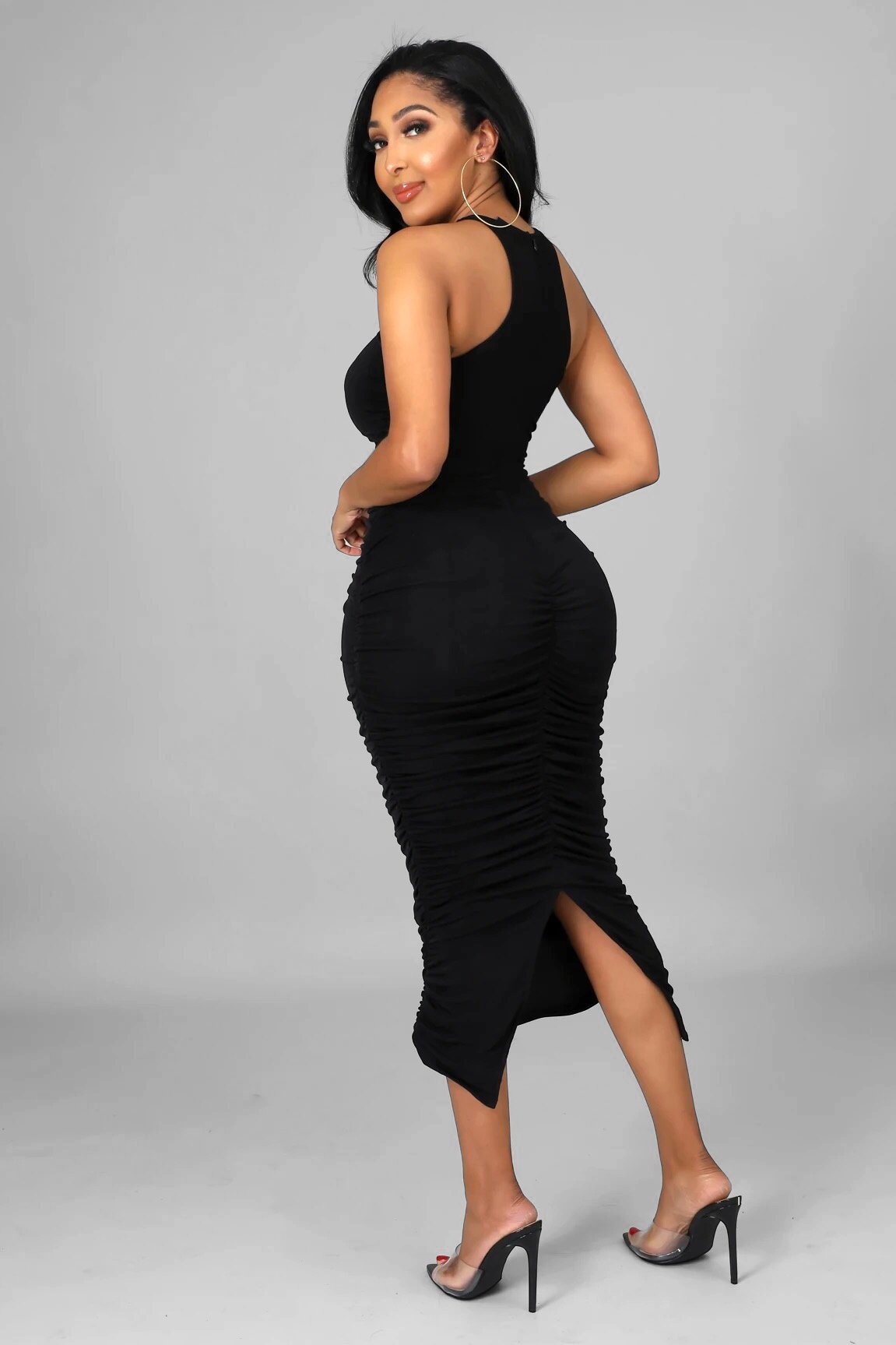 Porsha Ruched Midi Dress Black - Ali’s Couture 