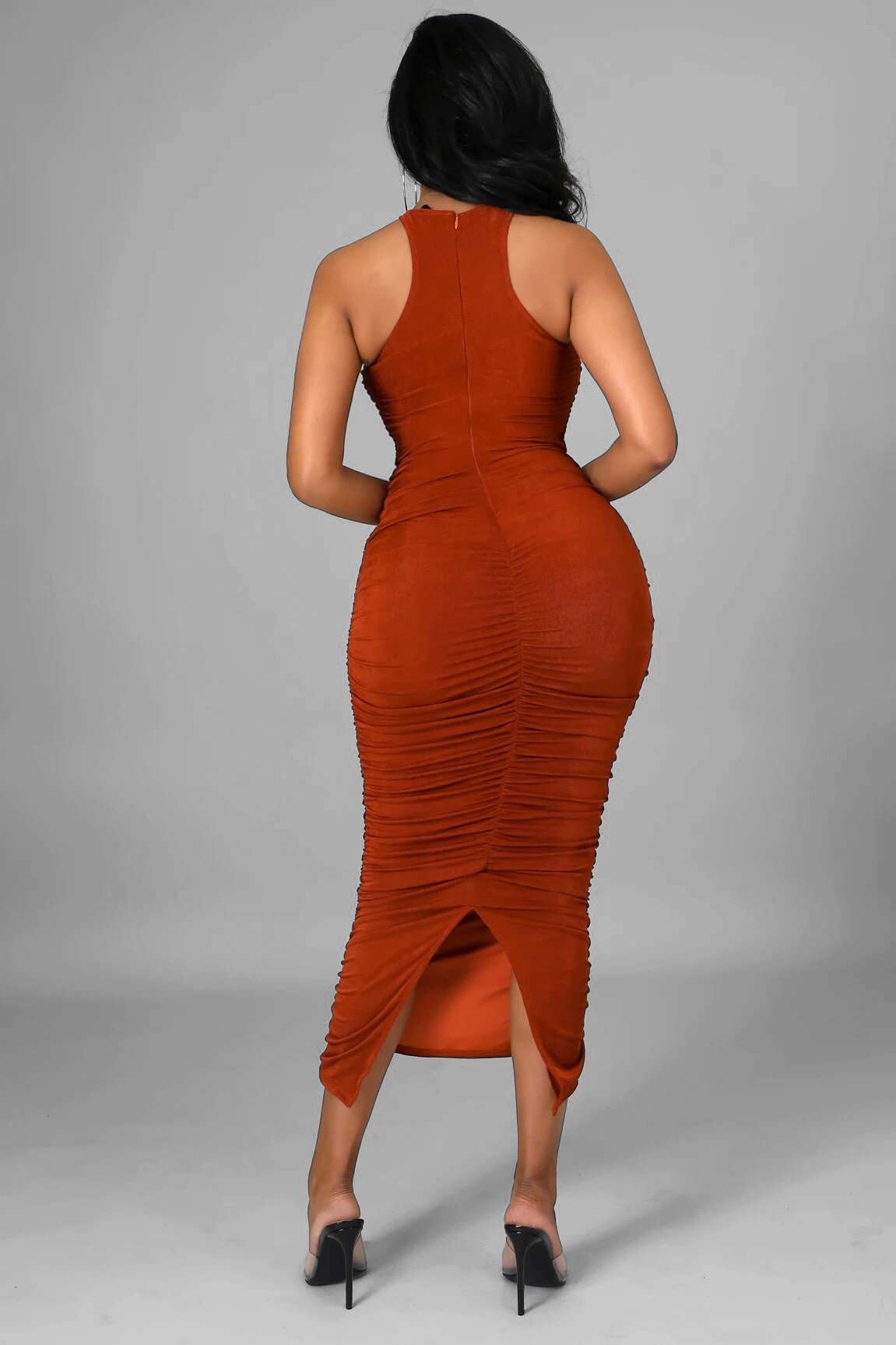 Porsha Ruched Midi Dress Rust - Ali’s Couture 