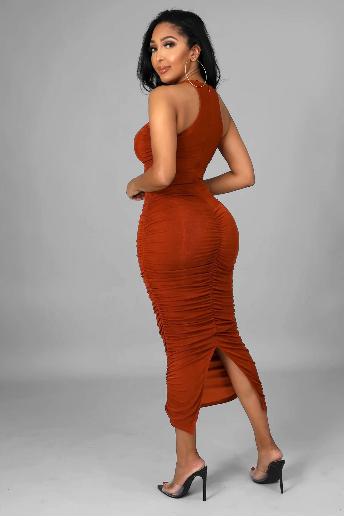 Porsha Ruched Midi Dress Rust - Ali’s Couture 