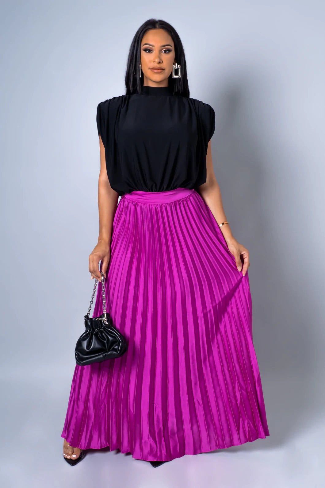 Presley Satin Pleated Skirt Magenta - Ali’s Couture 