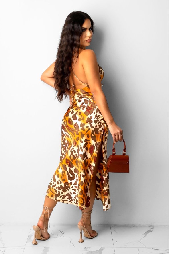 Rabiosa Satin Leopard Print Midi Dress Multicolor Brown - Ali’s Couture 