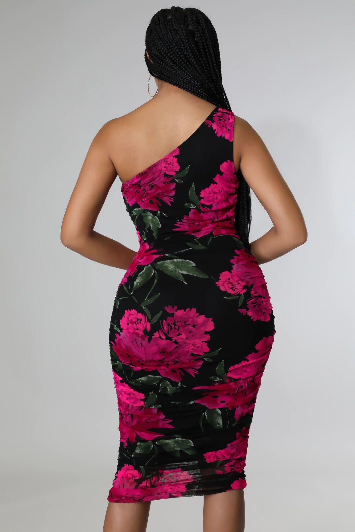 Ruby Love One Shoulder Floral Midi Dress Multicolor Black - Ali’s Couture 