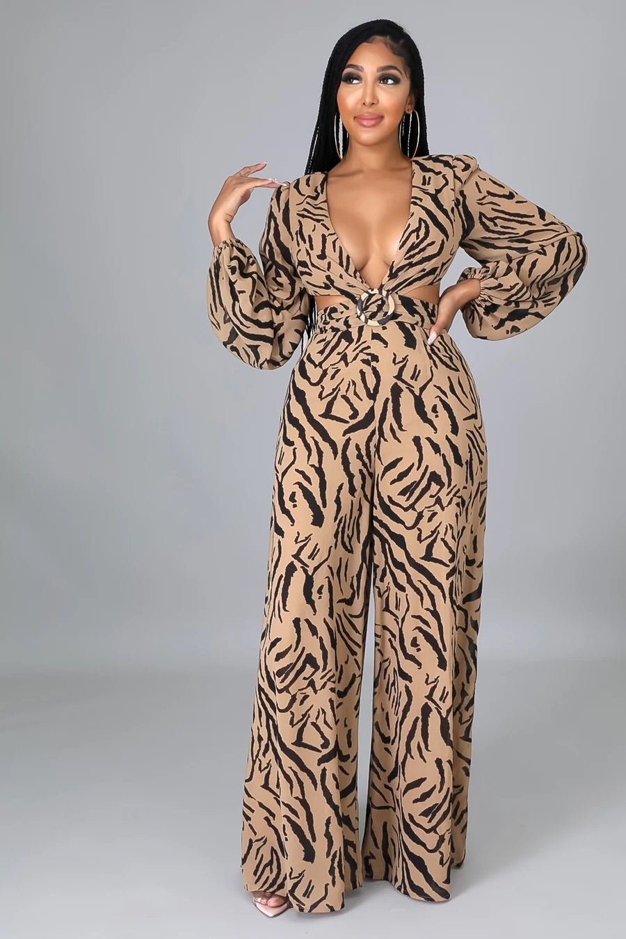Run Free Lace Up Tiger Print Jumpsuit Multicolor Camel - Ali’s Couture 