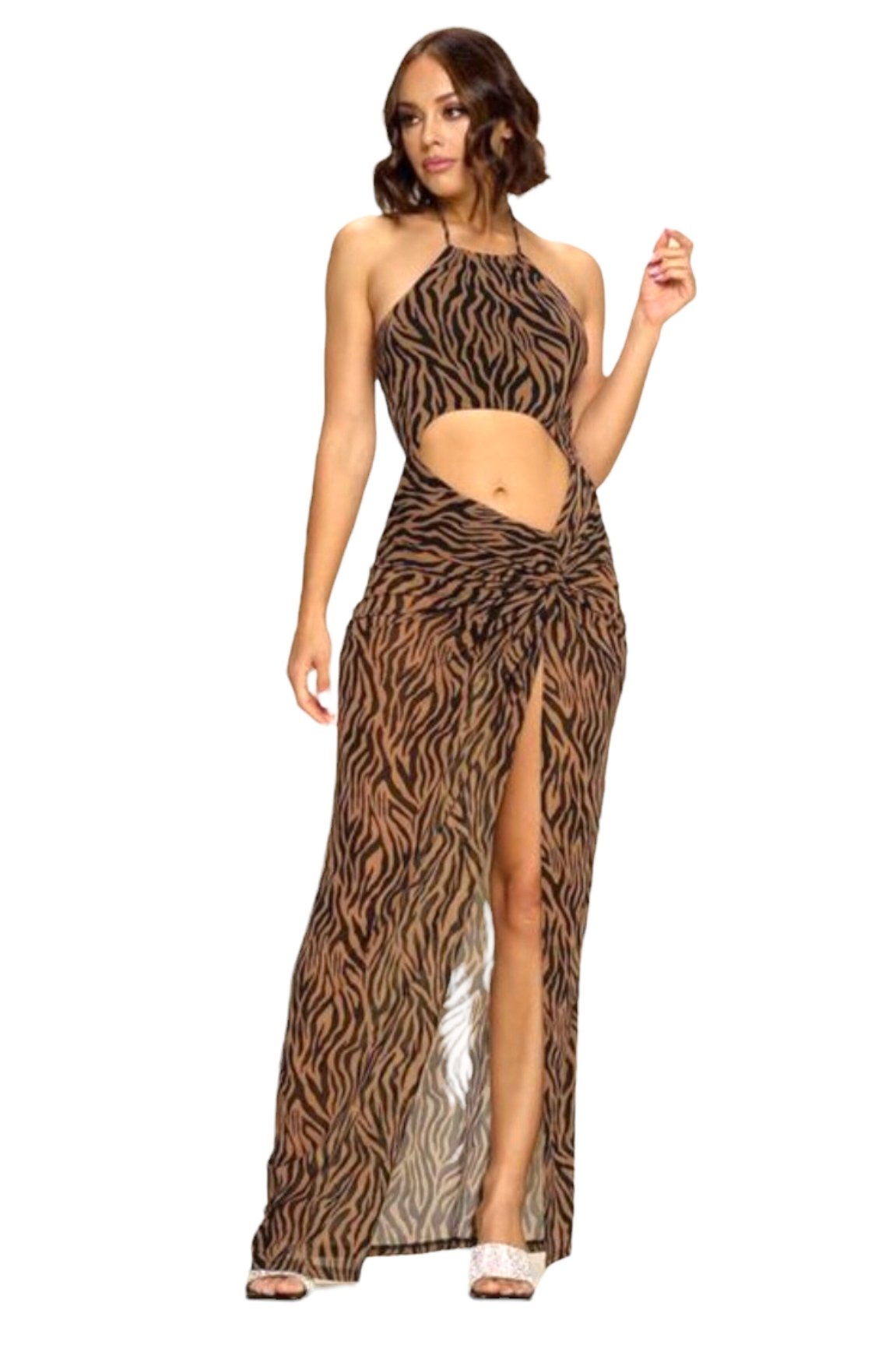 Run Wild Cutout Zebra Print Maxi Dress Multicolor Brown - Ali’s Couture 