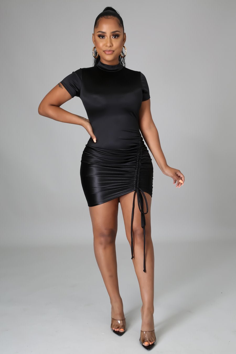 Sade Ruched Satin Mini Dress Black - Ali’s Couture 