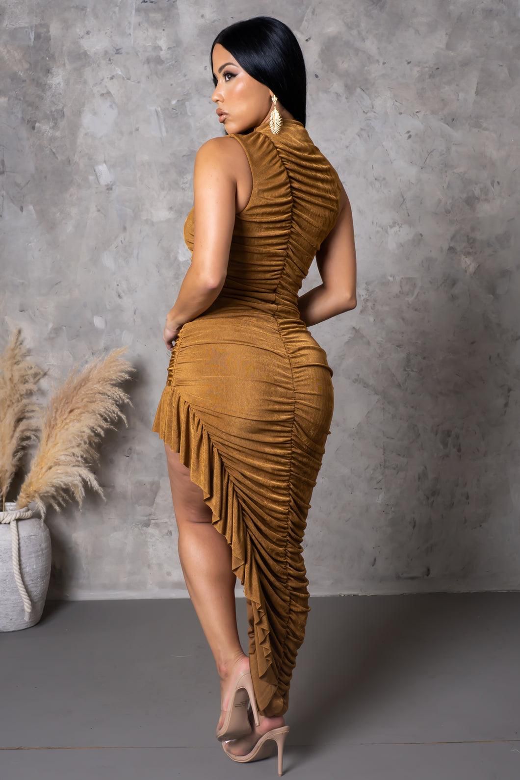 Saffron Asymmetrical Ruffle Hem Midi Dress Taupe - Ali’s Couture 