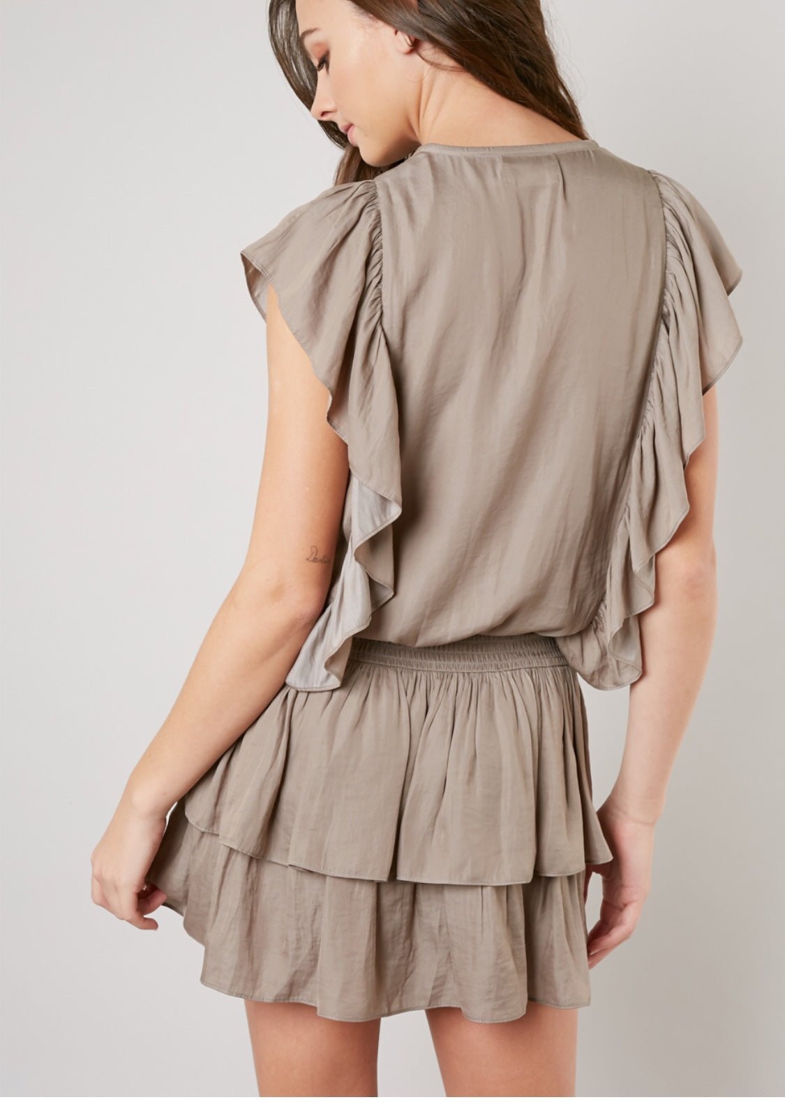 Sara Tiered Skirt Mini Dress Taupe - Ali’s Couture 