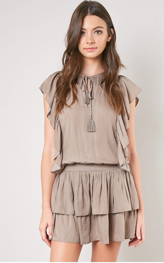 Sara Tiered Skirt Mini Dress Taupe - FINAL SALE - Ali’s Couture 