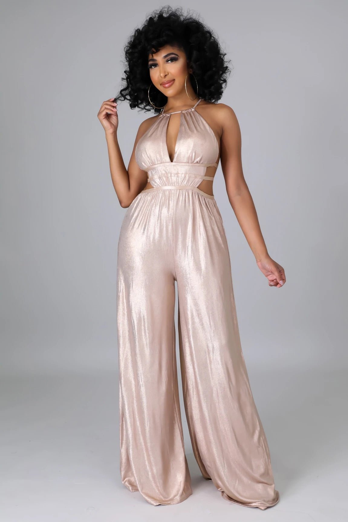 Shining Star Wide Leg Cutout Jumpsuit Rose Gold - Ali’s Couture 