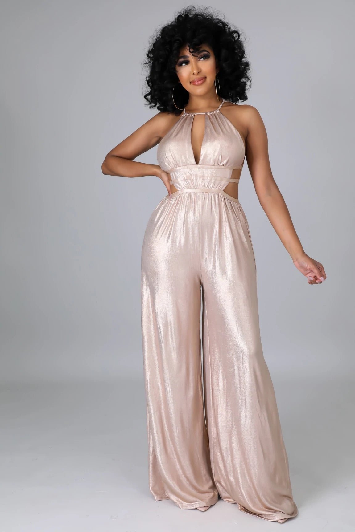 Shining Star Wide Leg Cutout Jumpsuit Rose Gold - Ali’s Couture 
