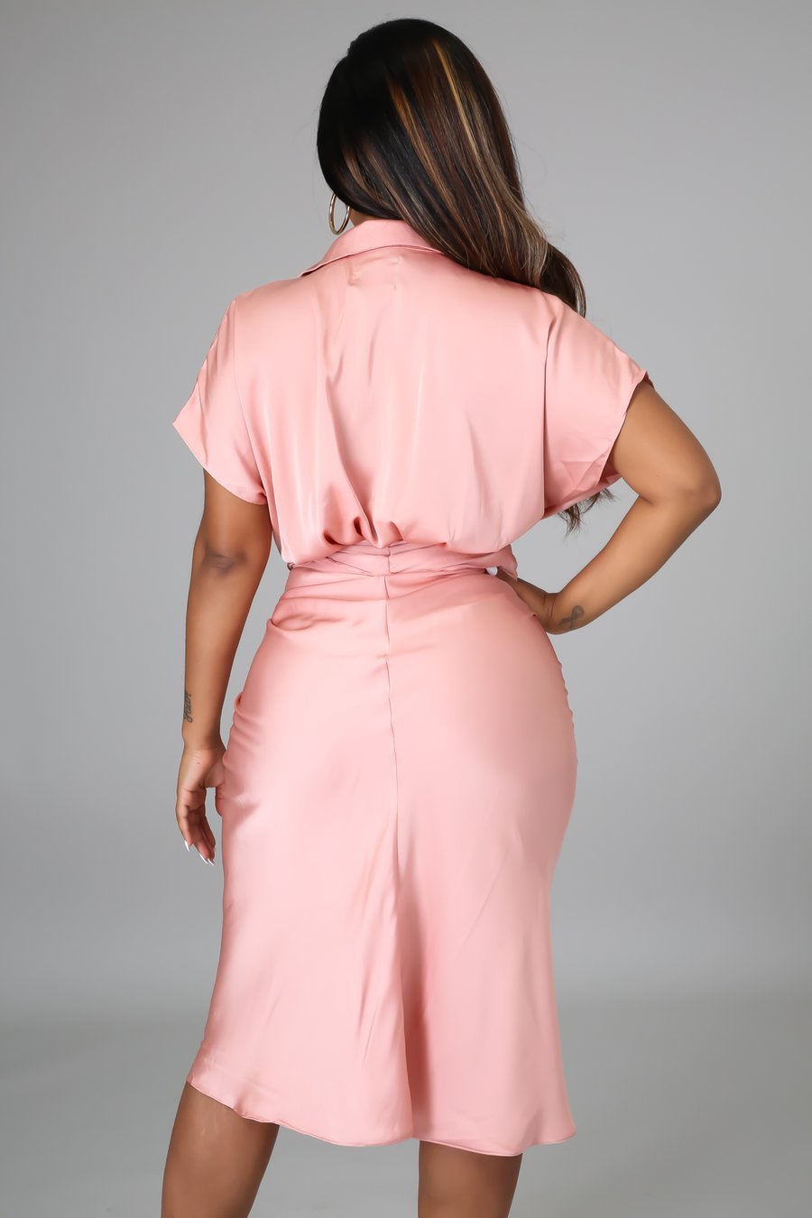 Social Affair Draped Satin Midi Dress Pink - Ali’s Couture 