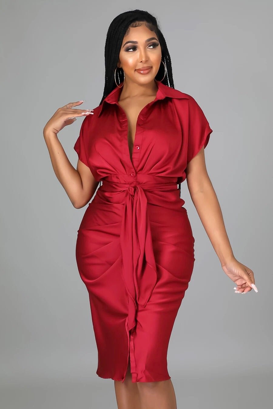 Social Affair Draped Satin Midi Dress Red - FINAL SALE - Ali’s Couture 