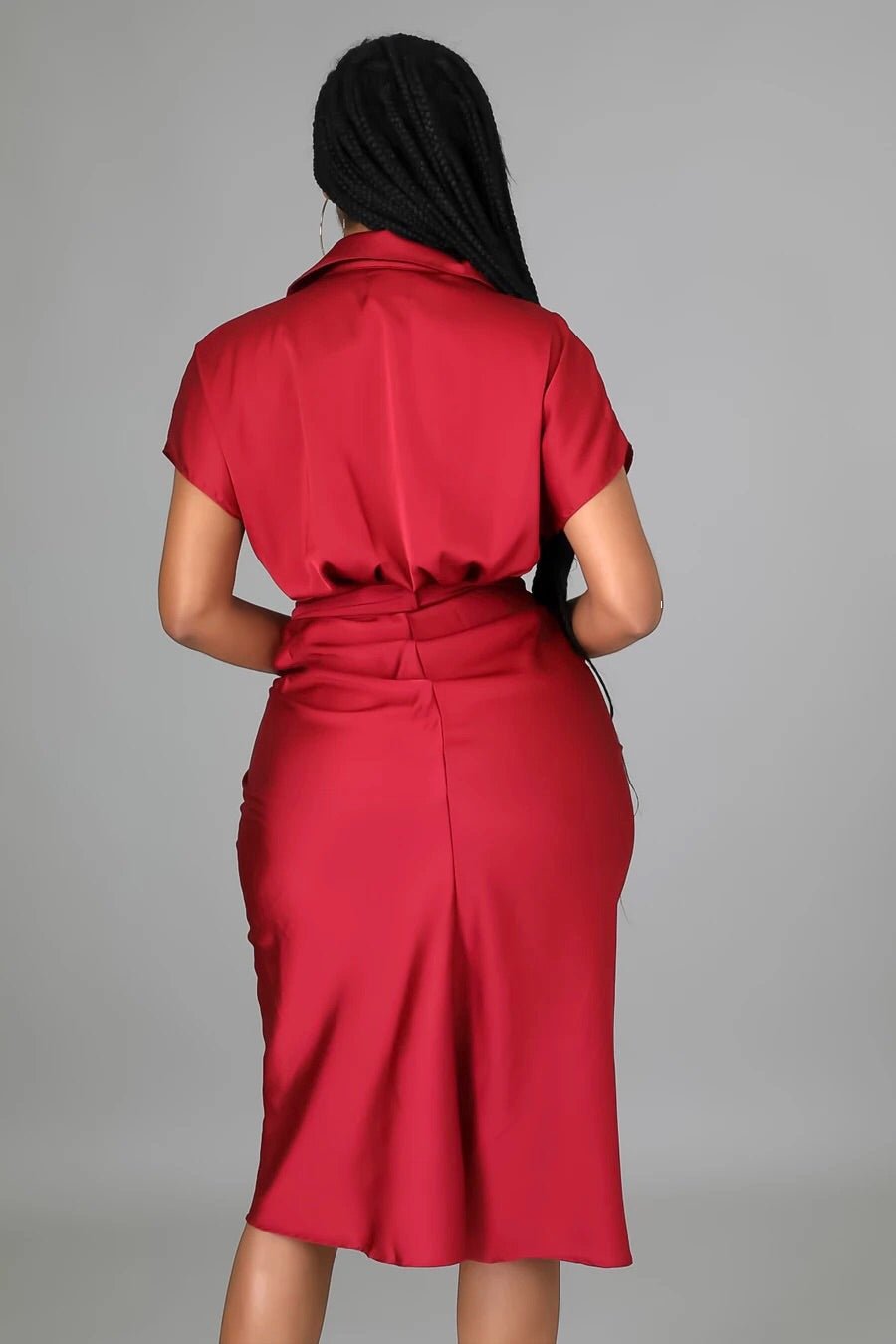 Social Affair Draped Satin Midi Dress Red - Ali’s Couture 