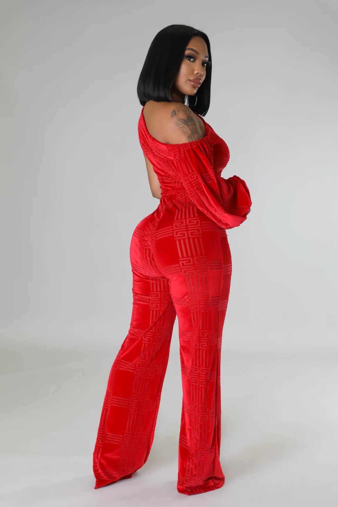 Starstruck One Shoulder Texture Velvet Jumpsuit Red - Ali’s Couture 