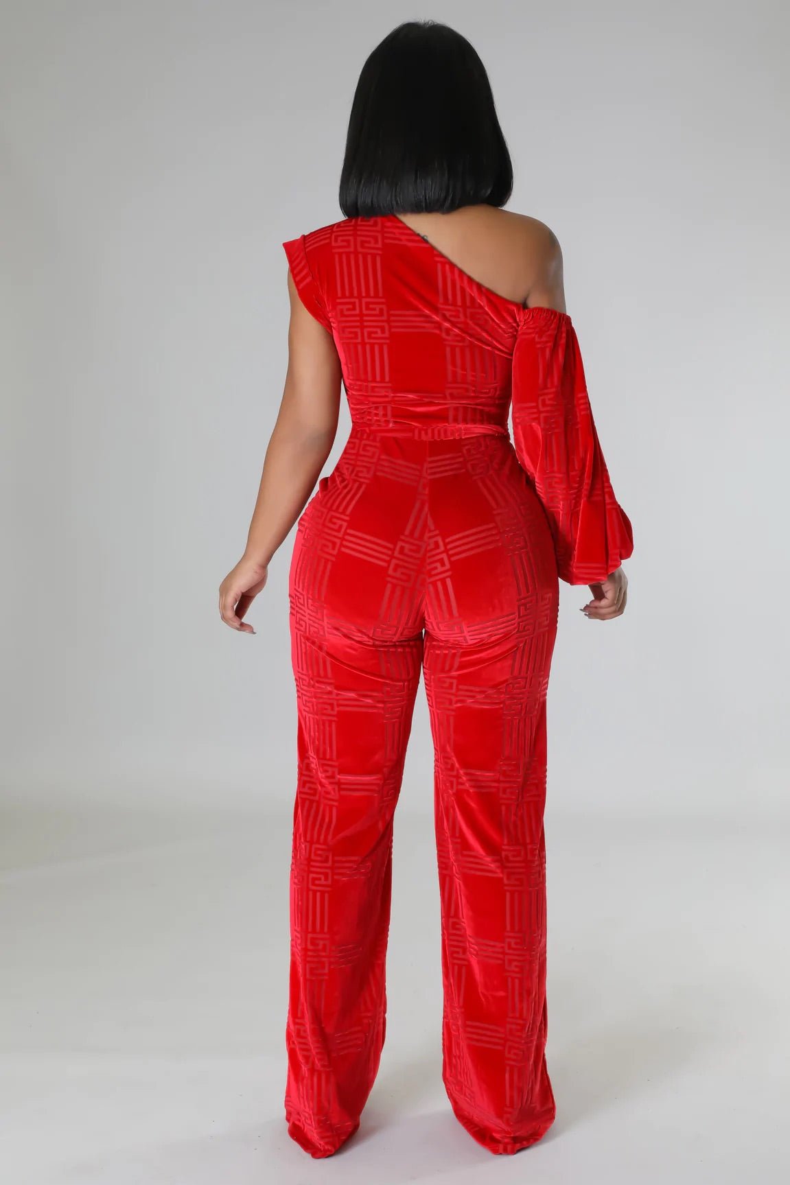 Starstruck One Shoulder Texture Velvet Jumpsuit Red - Ali’s Couture 