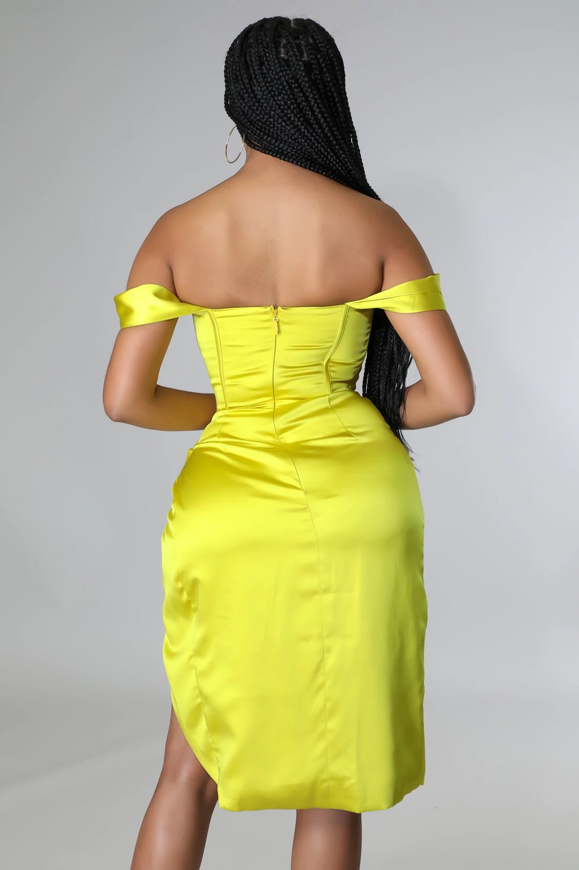 Stella Off The Shoulder Satin Corset Mini Dress Yellow - Ali’s Couture 