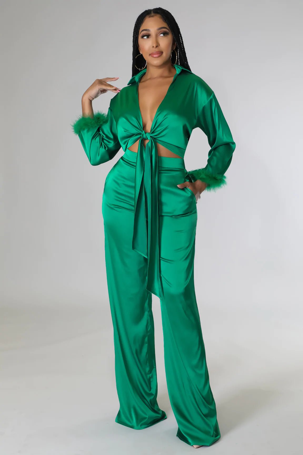 Stellar Satin Pant Set Green - Ali’s Couture 
