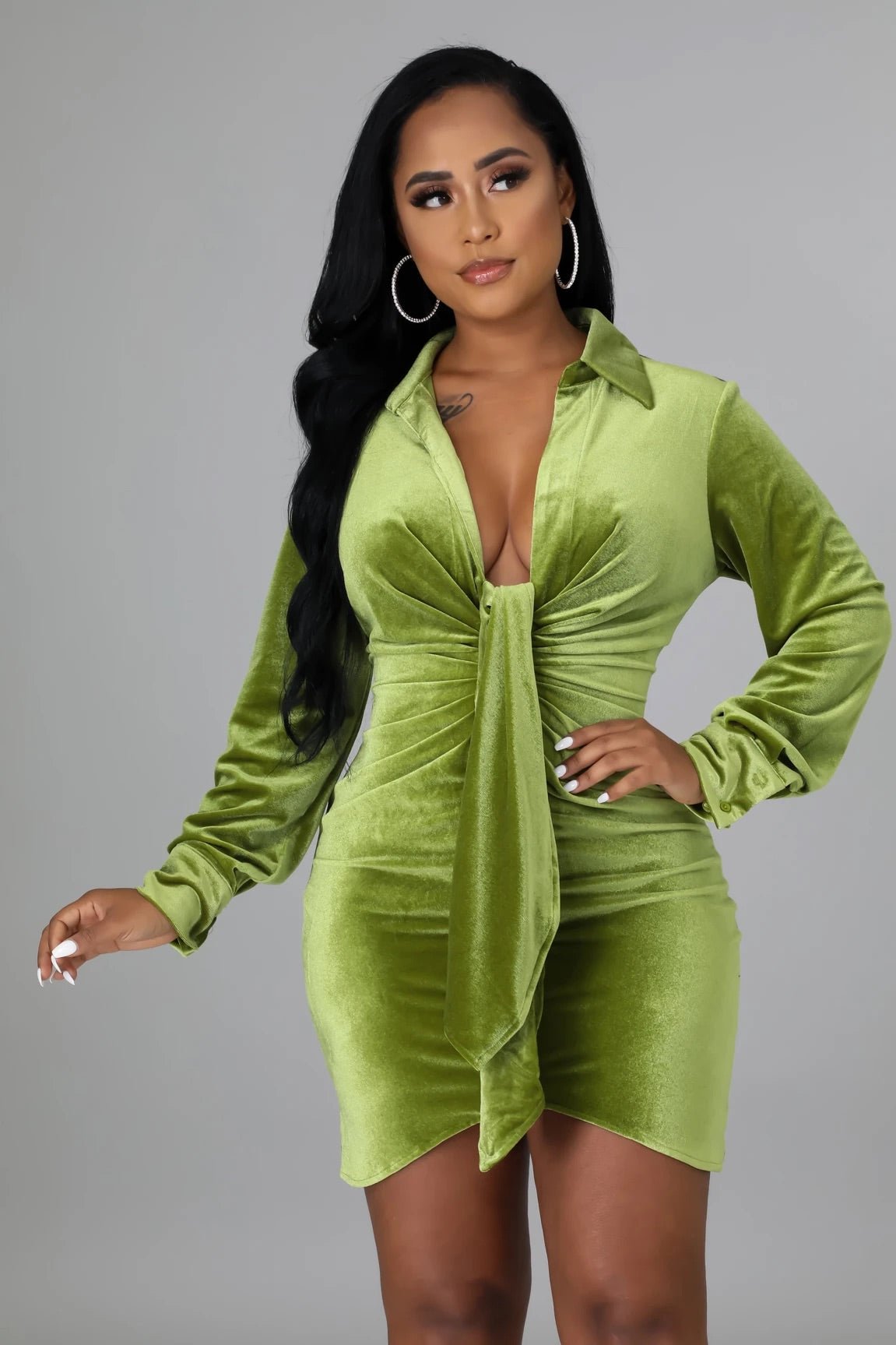 Top Shelf Front Tie Velvet Mini Dress Lime Green - Ali’s Couture 