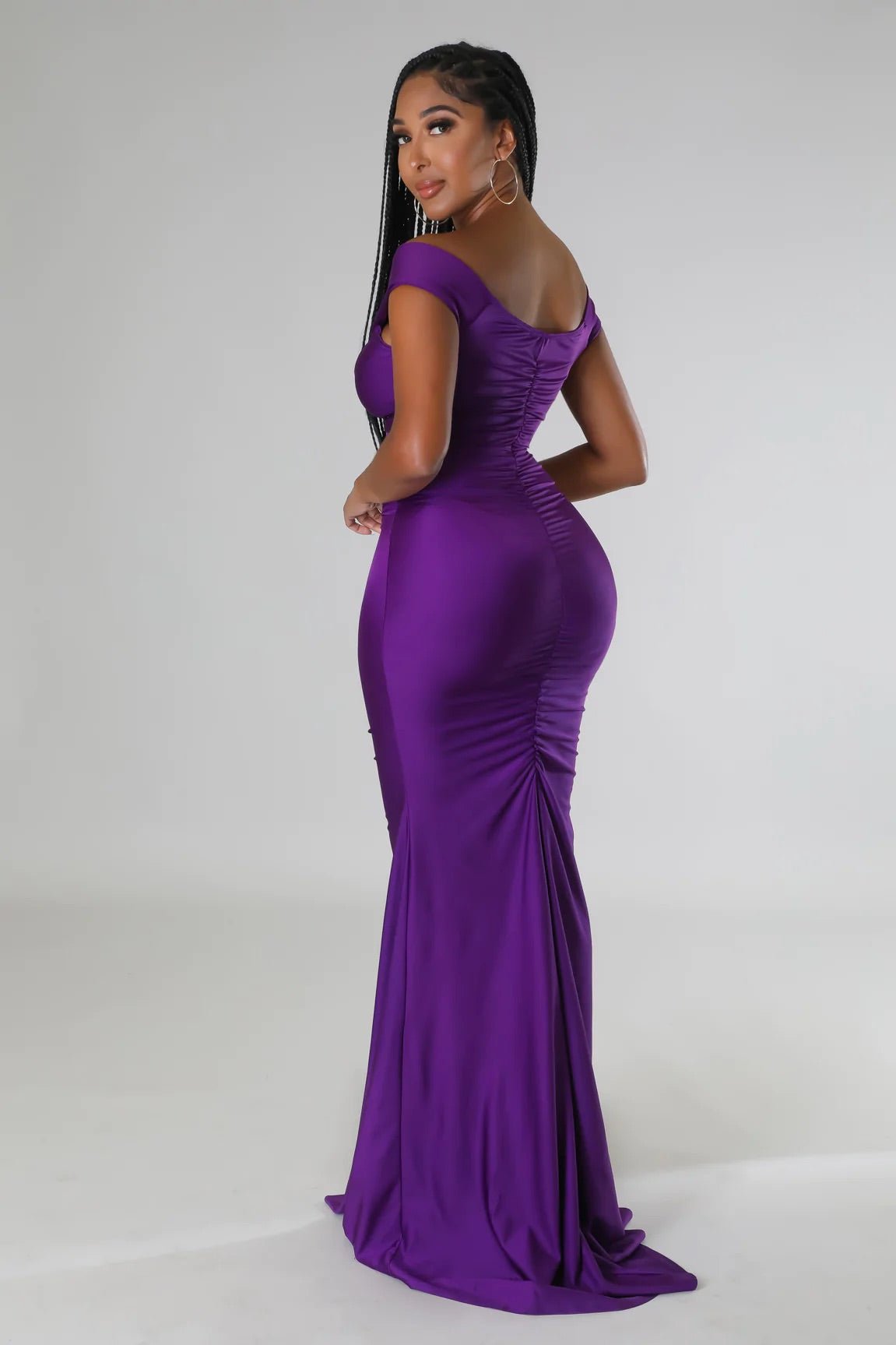 Vanity Off The Shoulder Satin Maxi Dress Purple - Ali’s Couture 