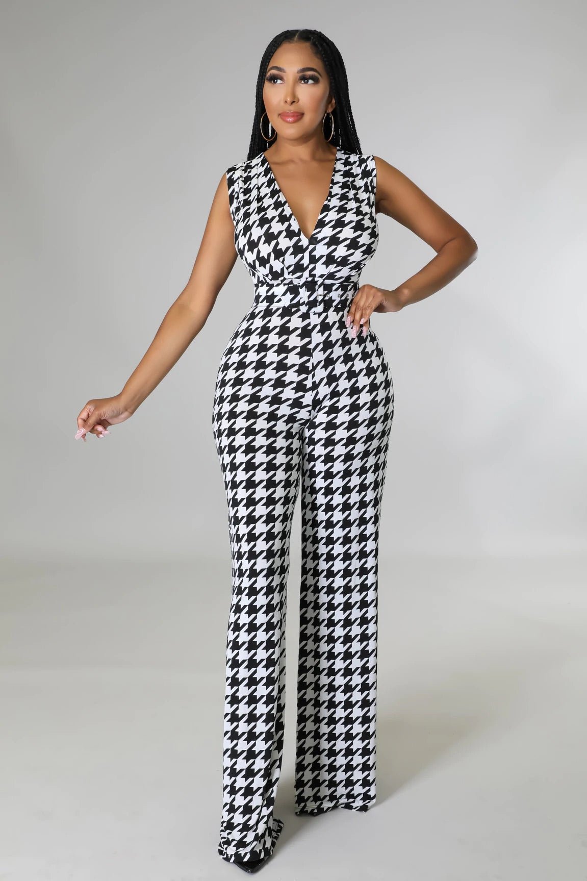 Vanna Sleeveless Houndstooth Jumpsuit Multicolor Black - Ali’s Couture 