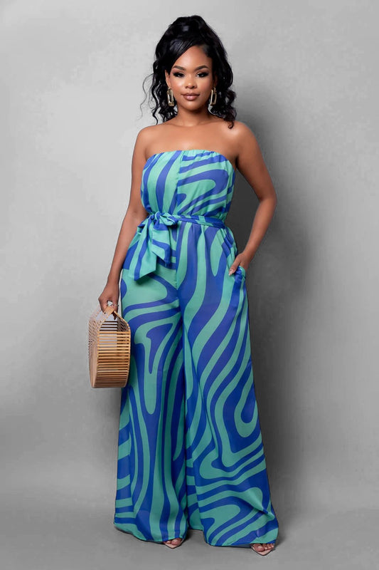 Wild Direction Strapless Printed Jumpsuit Multicolor Blue - Ali’s Couture 