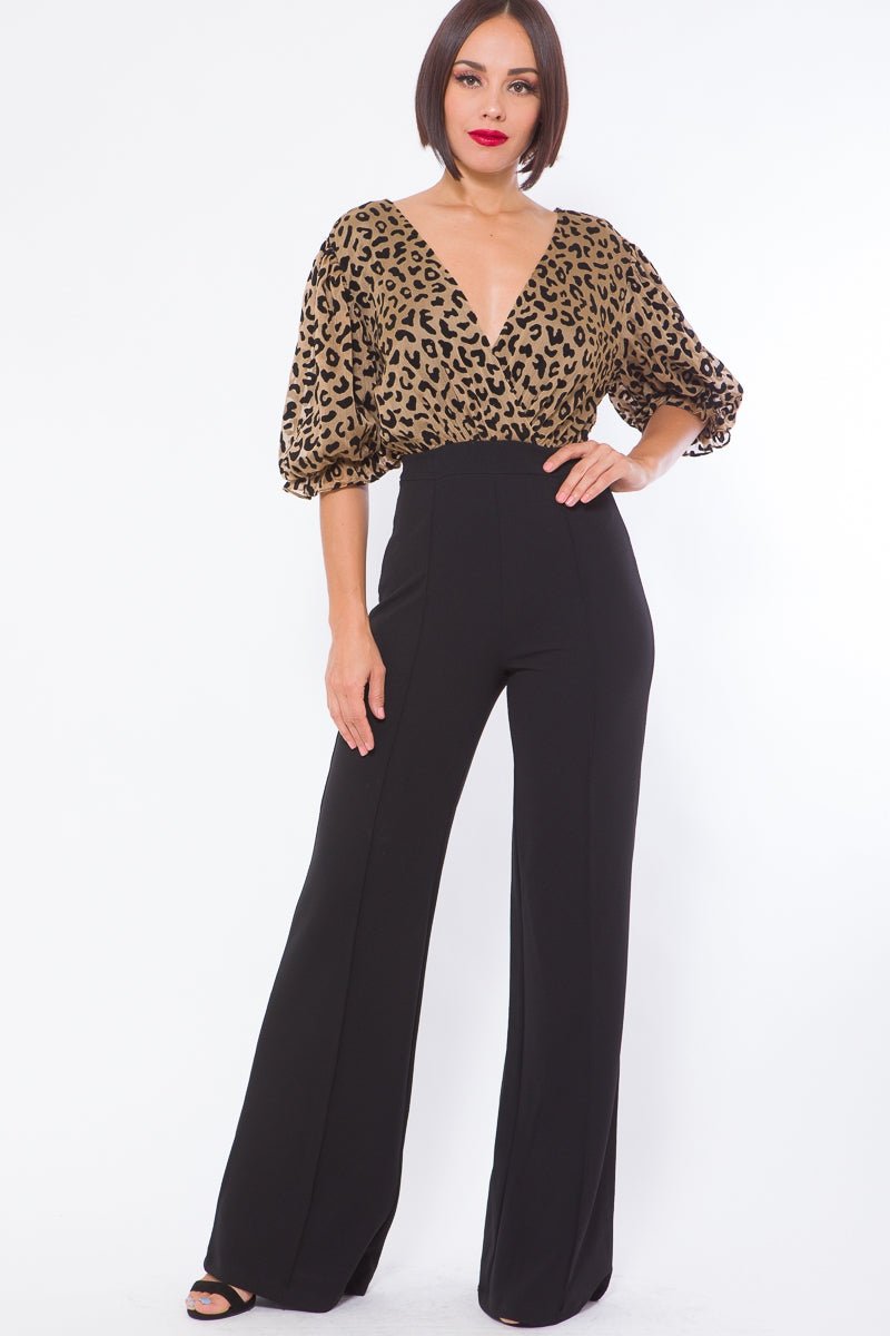 Ximena Two Tone Leopard Print Jumpsuit Multicolor Black - Ali’s Couture 