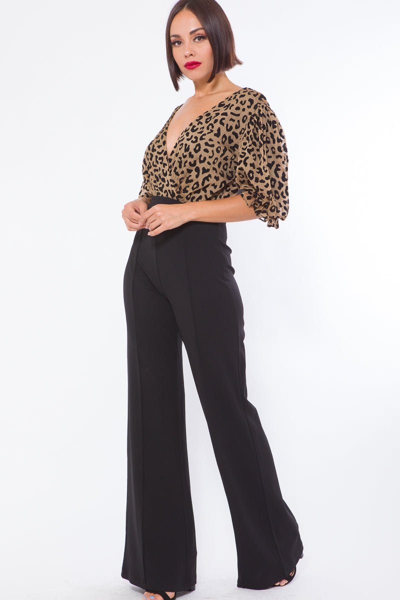 Ximena Two Tone Leopard Print Jumpsuit Multicolor Black - Ali’s Couture 