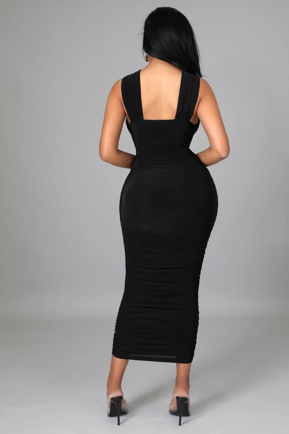 Xophia Crossed Neckline Midi Dress Black - Ali’s Couture 