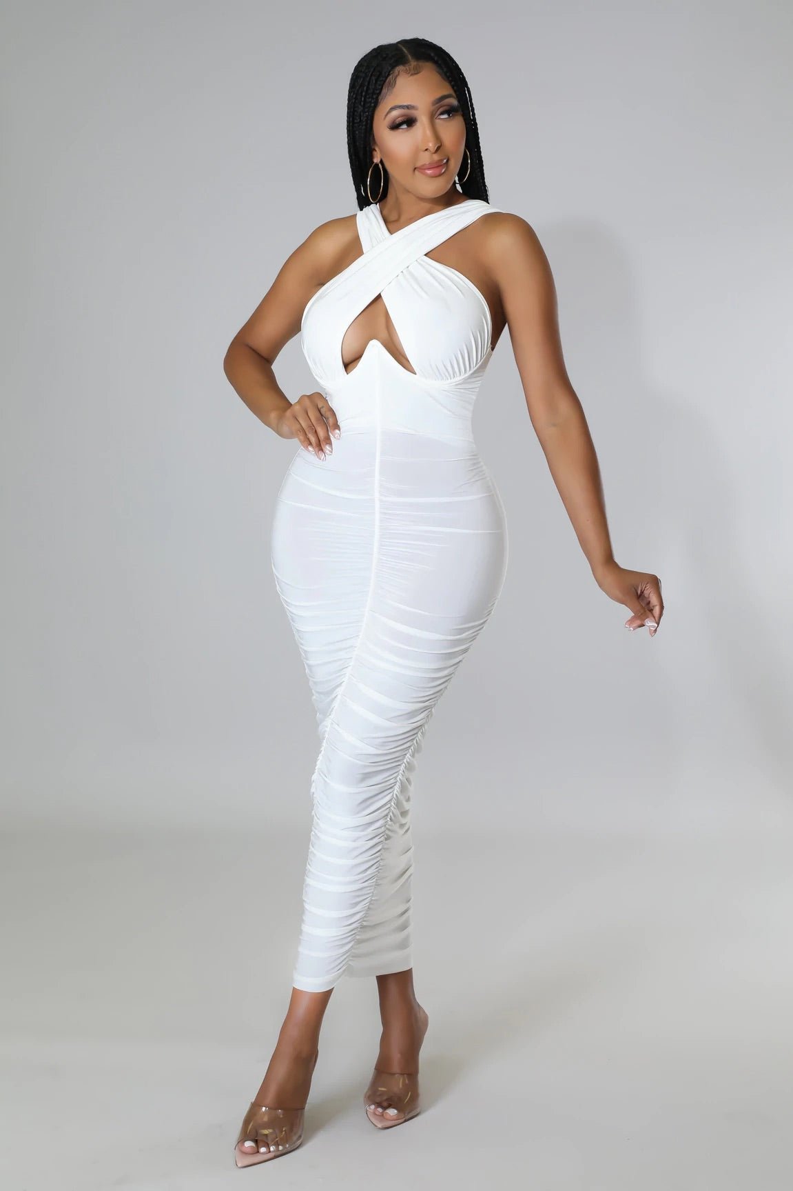 Xophia Crossed Neckline Midi Dress Off White - Ali’s Couture 