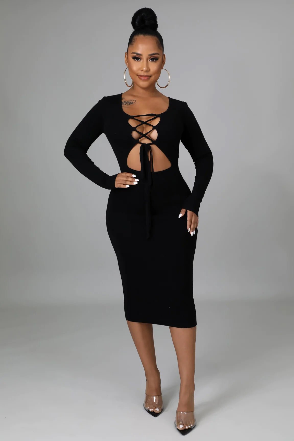 Yanessa Laced Up Ribbed Midi Dress Black - Ali’s Couture 
