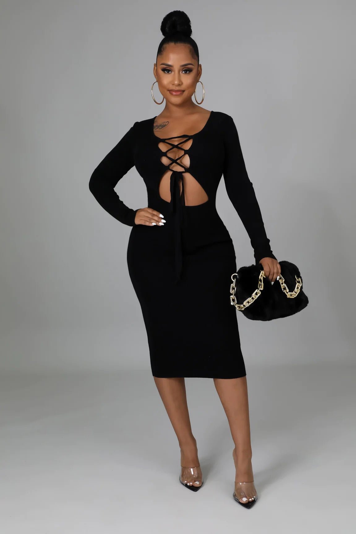 Yanessa Laced Up Ribbed Midi Dress Black - Ali’s Couture 