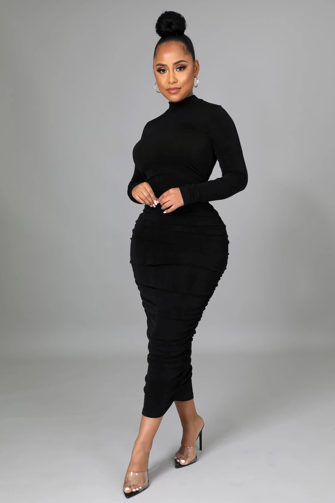 Yara Long Sleeve Ruched Midi Dress Black - Ali’s Couture 