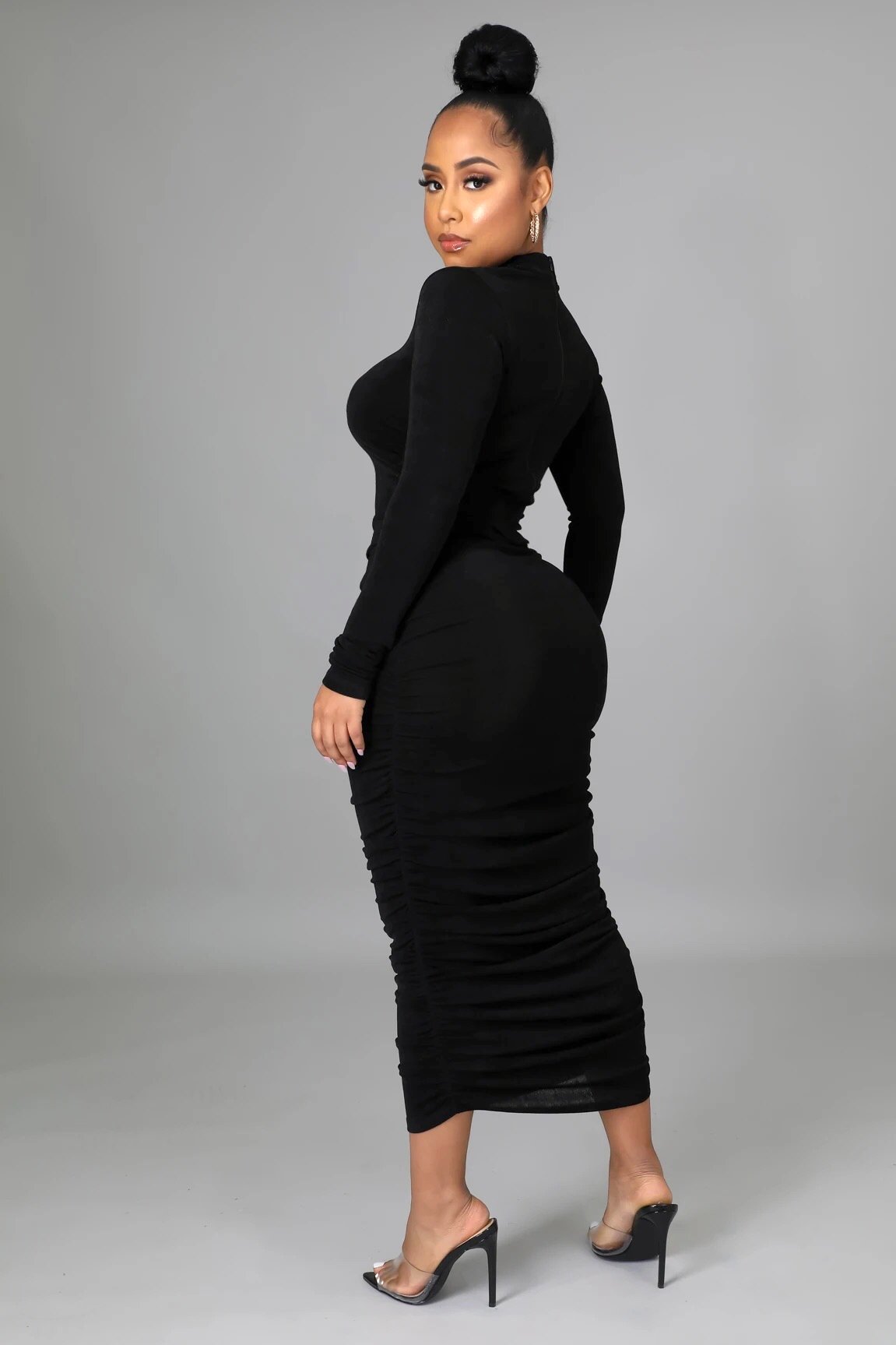 Yara Long Sleeve Ruched Midi Dress Black - Ali’s Couture 