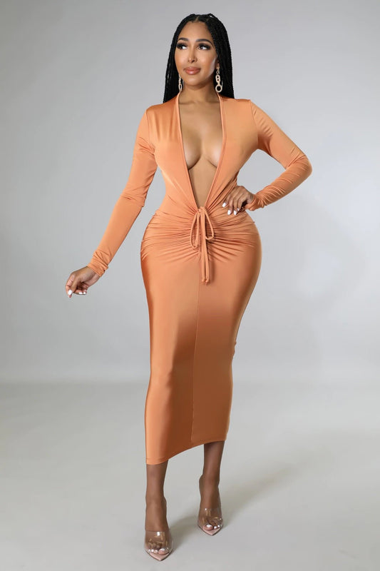 Yonce Plunging Neckline Midi Dress Rustic Orange - Ali’s Couture 