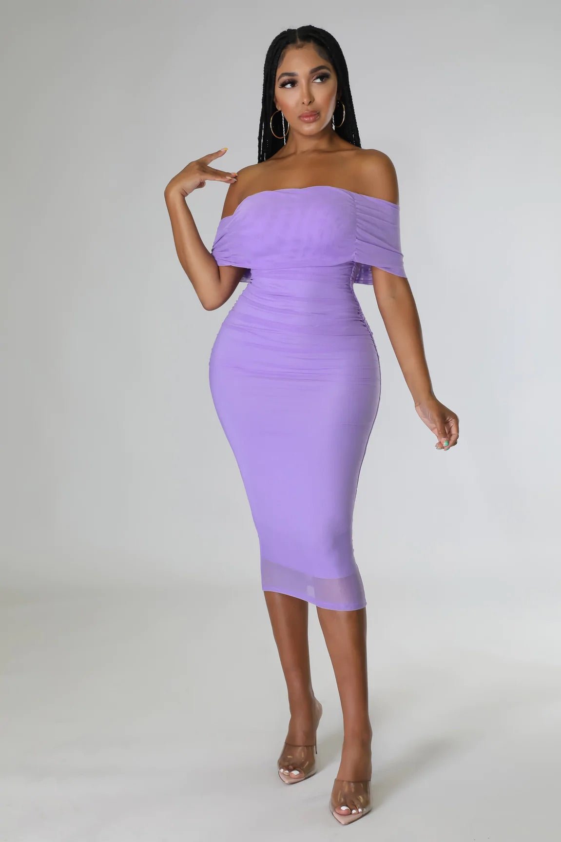 Ysabelle Off The Shoulder Ruched Midi Dress Lilac - Ali’s Couture 