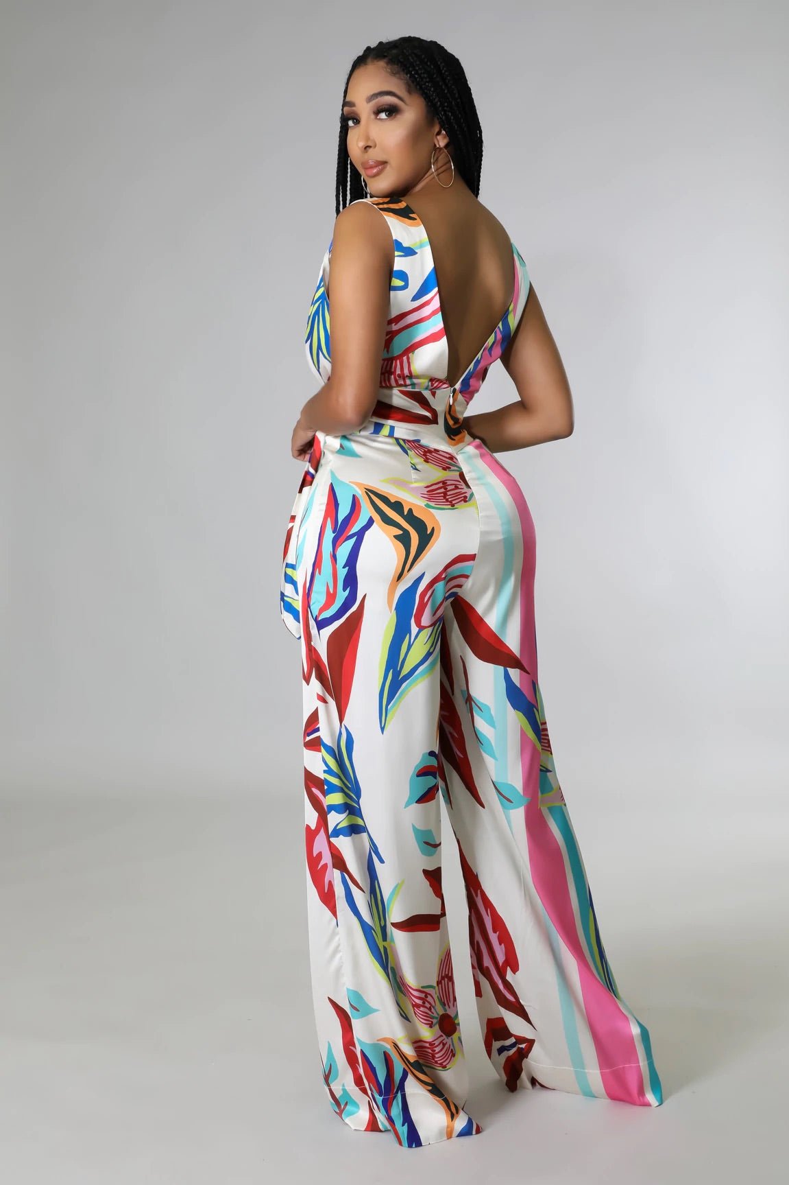 Zenna Floral Satin Jumpsuit Multicolor White - Ali’s Couture 