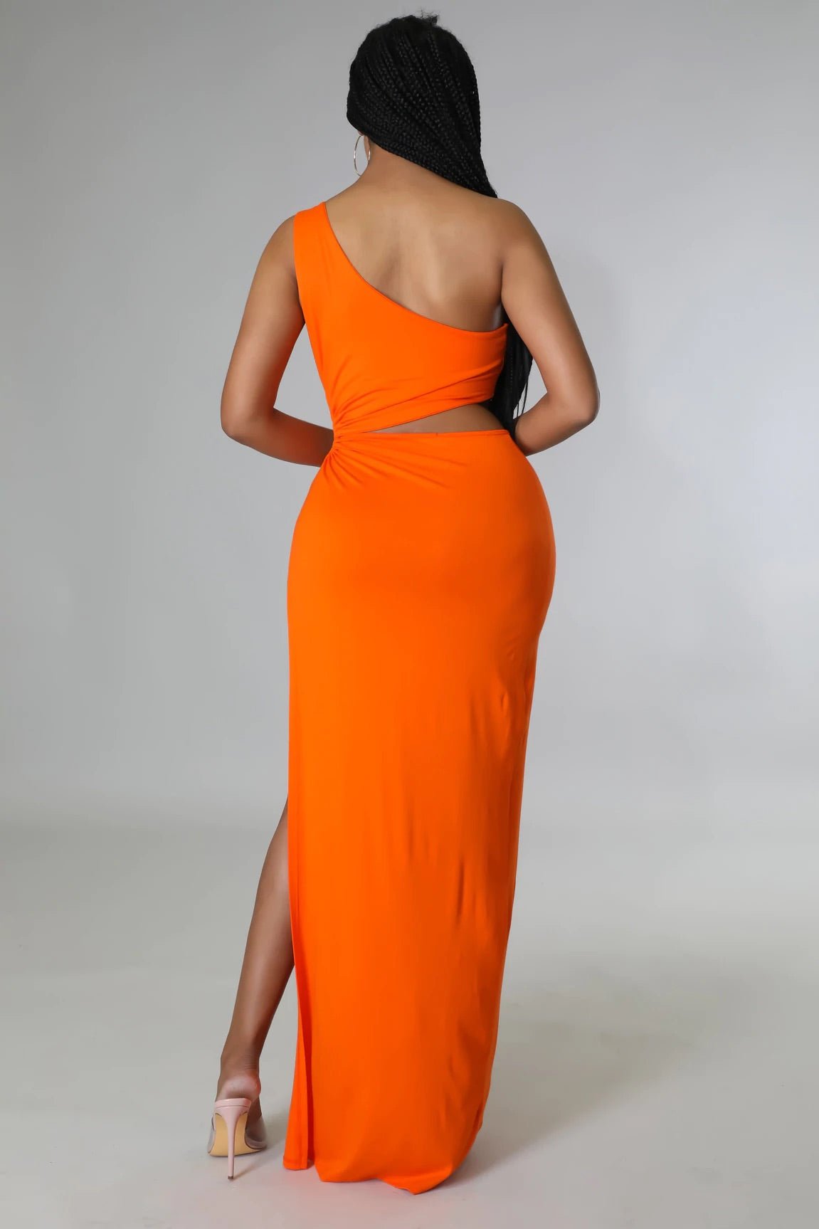 Zeus One Shoulder Cutout Maxi Dress Orange - Ali’s Couture 