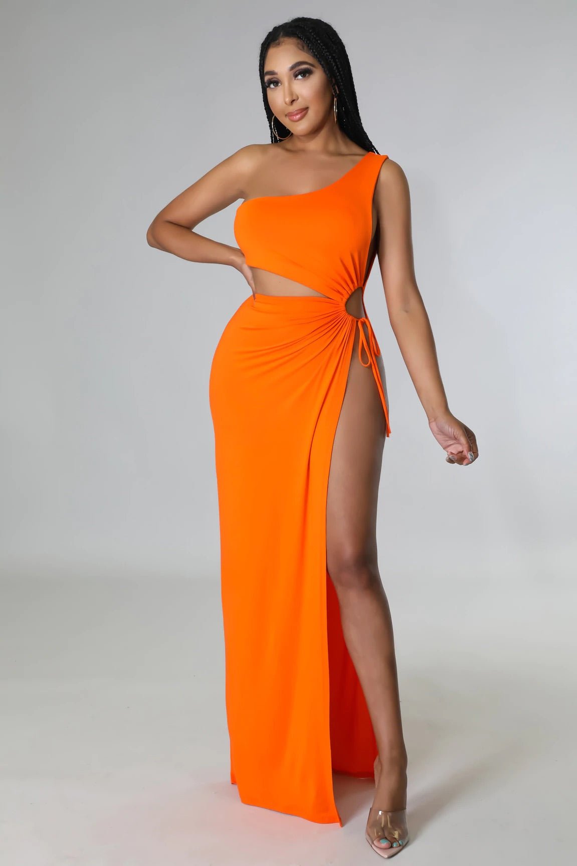 Zeus One Shoulder Cutout Maxi Dress Orange - Ali’s Couture 